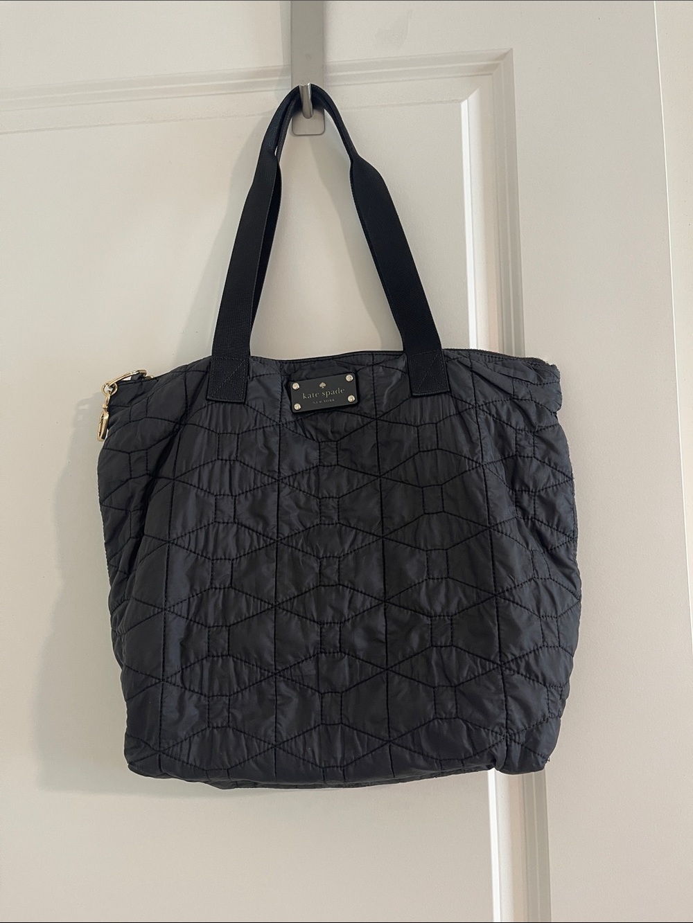 kate spade black quilted nylon tote with gold hardware